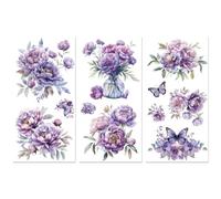 Peacoblue Rub on Transfer Decals for Furniture Crafts Decor 6"x12", 3Pcs Purple Peonies Flowers Waterproof UV DTF Transfer Sticker for Dresser Lingerie Chests Drawer Glass Porcelain Wood Plastic