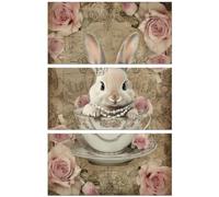 Peacoblue Rub on Transfer Sticker for Furniture Crafts Decor 6"x12" Vintage Teacup Bunny and Roses, 3Pcs Waterproof UV DTF Transfer for Lingerie Chests Drawer Dresser Glass Porcelain Wood Plastic