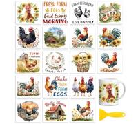 Peacoblue Rub on Transfers for Crafts,18 Sheets 3.9 x 3.6 Inch Watercolor Decals Transfer Stickers Farm Chicken for DIY Glass Cup