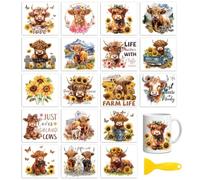 Peacoblue Rub on Transfers for Crafts,18 Sheets 3.9 x 3.6 Inch Watercolor Decals Transfer Stickers Highland Cattle for DIY Glass Cup