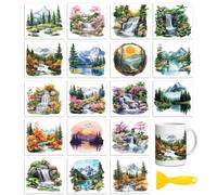 Peacoblue Rub on Transfers for Crafts,18 Sheets 3.9 x 3.6 Inch Watercolor Decals Transfer Stickers Landscape for DIY Glass Cup