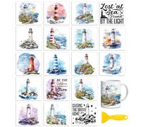 Peacoblue Rub on Transfers for Crafts,18 Sheets 3.9 x 3.6 Inch Watercolor Decals Transfer Stickers Lighthouse for DIY Glass Cup