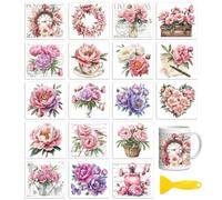 Peacoblue Rub on Transfers for Crafts,18 Sheets 3.9 x 3.6 Inch Watercolor Decals Transfer Stickers Peony for DIY Glass Cup