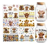 Peacoblue UV DTF Cup Transfer Wraps Stickers Highland Cattle and Sunflower, 10 Sheets Waterproof Custom Vinyl 16oz Coffee Glass Cup Tumbler Bottle Mug Decals for Men Women