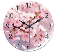 peacoblue Wall Clocks Battery Operated Cherry Blossom 12 Inch Glass Round Wall Clock Non Ticking for Kitchen Living Room Dining Room Bedroom and Bathroom Decor Accessories (battery not included)