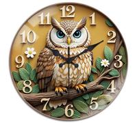 peacoblue Wall Clocks Battery Operated Owl 12 Inch Glass Round Wall Clock Non Ticking for Kitchen Living Room Dining Room Bedroom and Bathroom Decor Accessories (battery not included)