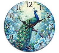 peacoblue Wall Clocks Battery Operated Peacock 12 Inch Glass Round Wall Clock Non Ticking for Kitchen Living Room Dining Room Bedroom and Bathroom Decor Accessories (Battery not Included)