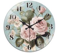 peacoblue Wall Clocks Battery Operated Roses 12 Inch Glass Round Wall Clock Non Ticking for Kitchen Living Room Dining Room Bedroom and Bathroom Decor Accessories (battery not included)