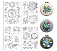 peacoblue Water Soluble Embroidery Patterns for Beginners 4 Sheets Best for You with Floral Earth with 35pcs Patterns, Wash Away Stick and Stitch Dissolvable Embroidery Paper for Hand Sewing Lovers