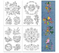 peacoblue Water Soluble Embroidery Patterns for Beginners 4 Sheets Bird and Flower with 14pcs Patterns, Wash Away Stick and Stitch Dissolvable Embroidery Paper for Hand Sewing Lovers Women Adult