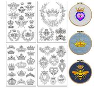peacoblue Water Soluble Embroidery Patterns for Beginners 4 Sheets Crown and Bees with 43pcs Patterns, Wash Away Stick and Stitch Dissolvable Embroidery Paper for Hand Sewing Lovers Women Adult
