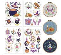peacoblue Water Soluble Embroidery Patterns with Color for Beginners, Halloween Witchcraft 4 Sheets with 26pcs Wash Away Embroidery Pattern Stabilizer for Hand Sewing Women Adults