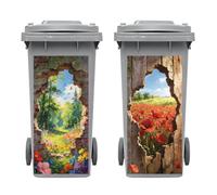 Peacoblue Wheelie Bin Stickers 2 Sheets Forest Landscape Behind Broken Wall Sticky Dustbin Stickers Decals, 15"x 32" Waterproof Large Wraps for Trash Cans Bins Driveway Garden Outdoor Indoor Decor