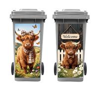 Peacoblue Wheelie Bin Stickers 2 Sheets Highland Cattle with Wildflowers Sticky Dustbin Stickers Decals, 15"x 32" Waterproof Large Wraps for Bins, Fridge, Wall Outdoor Indoor, Home Decoration
