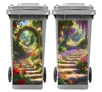Peacoblue Wheelie Bin Stickers 2 Sheets Stone Steps with Flowers Sticky Dustbin Stickers Decals, 15"x 32" Waterproof Large Wraps for Bins, Fridge, Wall Outdoor Indoor,Garden, Home Decoration
