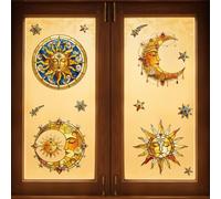 Peacoblue Window Static Cling Decal Sticker Double-Sided for Large Glass Car Windows, 1 Sheet Stained Glass Sun and Moon 120×30CM Waterproof Removable Window Decal for Home Classroom Decoration