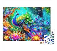 Peacock 1000 Piece Mental Stimulation Puzzle for Adults Peacock in Magical Forest with Flowers Premium Thick Sturdy Challenging Stress Relief 70x50cm/1000pcs