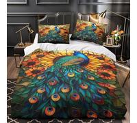 Peacock 3D Digital Print Comforter Cover 3-Piece Premium Microfibre Stain-Resistant Stained glass design Quilt Cover 2 Pillow Shams Zippered Closure Bed Ensemble Family Guests Double（200x200cm）