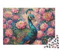 Peacock Amid Flowers 1000 Piece Jigsaw Puzzles Peacock Among Pink Roses for Adults Educational Game Home Decoration Challenge High Difficulty Birthday Gifts 52x38cm/1000pcs
