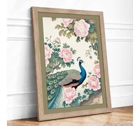 Peacock Among Roses Japandi Framed Wall Art Print A1 (84.1×59.4cm) Oak, Wall Decor for Living Room, Bedroom, Office & Home, Ready to Hang, Art Gift