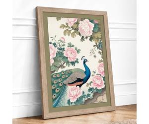 Peacock Among Roses Japandi Framed Wall Art Print A1 (84.1×59.4cm) Oak, Wall Decor for Living Room, Bedroom, Office & Home, Ready to Hang, Art Gift