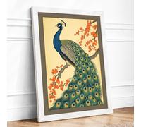 Peacock and Blossom Art Deco Framed Wall Art Print A3 (42×29.7cm) White, Wall Decor for Living Room, Bedroom, Office & Home, Ready to Hang, Art Gift