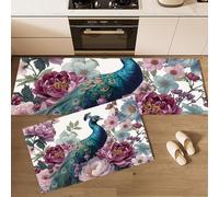 Peacock And Peony Flower Cluster Kitchen Rugs and Mats Carpet Standing Mats Washable 2 Pieces Microfiber Non-Slip Purple Pink Rug Set for Kitchen Floor Front of Sink,40x60+40x120cm,Elegant Animals