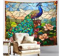 Peacock and Water Lily Tapestry, Colorful Stained Glass Decorative Wall Hanging, Spring Aesthetic Tapestries for Living Room, Bedroom, Dorm, Artful Home Decor 60x40 Inch