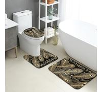 Peacock Bathroom Mat Sets 3 Piece, Elegant Gold Feather Pattern Absorbent Non Slip Toilet Rugs U Shaped Washable, Modern Chic Quick Dry Flannel Bathroom Rug Set
