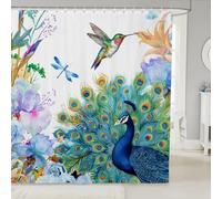 Peacock Bathroom Sets Hummingbird Dragonfly Shower Curtain Flowers Birds Pattern Bath Curtain For Girls Women Navy Blue Floral Animals Fresh Nature Fabric Curtains Sets Waterproof 72"W x 72"L
