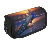 Peacock Beach Sunset Portable Pen Case Double Layered Large Capacity Exquisite Pencil Case for Officce