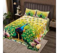 Peacock Bedspread King Size,Elegant Wild Animals Bedding Quilt 3Pcs for Woman Men Adults Room Decor,Gorgeous Luxury Feather Coverlet Sets Watercolor Flowers Comforter Sets,2 Pillowcases