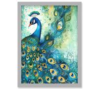 Peacock Bird Concept Folk Art Watercolour Painting Artwork Framed Wall Art Print A4 Artery8 Light Grey One Size