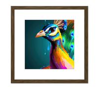 Peacock Bird Vibrant Bright Modern Contemporary Watercolour Painting Multicoloured Square Wooden Framed Wall Art Print Picture 8X8 Inch Artery8 Brown One Size