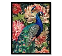 Artery8 Peacock Bird with Flower Pattern Stylised Design Living Room Artwork Framed Wall Art Print A4