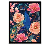 Peacock Bird with Pink Flower Pattern Design Framed Art Print Artery8 Blue A4
