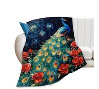 Peacock Blanket Flower Rose Throw Blanket for Girls Boys Night Sky Plush Flannel Fleece Blanket Warm Fuzzy Cozy Lightweight Colorful Animal Blankets for Sofa Bed Gifts for Kids Teens Adults 50"x40"