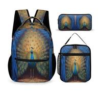 Peacock Book Pack Set with Lunch Tote and Pencil Case for Kids Age 9, Animal Theme School Bag 3 Piece Set Year 3-5 for Girls Weekend Adventures Sports Practice and Family Travel