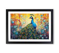 Peacock Bubbles Framed Print | A2 Black Framed Wall Art | Ready to Hang | Modern Animal Picture | Living Room Bedroom Lounge Office