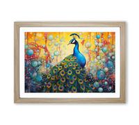 Peacock Bubbles Framed Print | A2 Oak Framed Wall Art | Ready to Hang | Modern Animal Picture | Living Room Bedroom Lounge Office