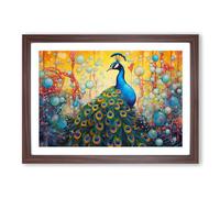 Peacock Bubbles Framed Print | A2 Walnut Framed Wall Art | Ready to Hang | Modern Animal Picture | Living Room Bedroom Lounge Office