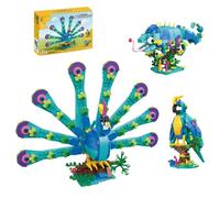 Peacock Building Blocks Set for Adult, 3 in 1 Tropical Birds Figures Build a Peacock, Chameleon or Parrot, Animals Display Model for Home Decor, STEM Educational Toy Birthday Gift （506 PCS）