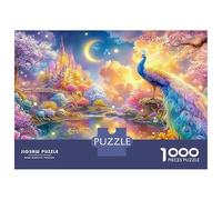 Peacock by River Under Moon And Castle 1000 Piece Jigsaw Puzzle Beautiful Peacock Classic Game for Kids & Adults, Recycled 38x26cm/1000pcs