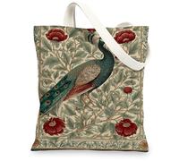 Peacock Canvas Tote Bags, Artistic Floral Design Reusable Grocery Bags, Vintage Bohemian Lightweight Washable Shoulder Strap Canvas Bags for Travel Beach Shopping 13x15 Inch