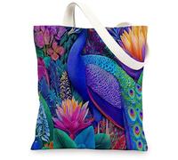 Peacock Canvas Tote Bags, Colorful Bird Floral Design Reusable Bags, Eco-Friendly Lightweight Washable Shoulder Tote for Ou, Colorful, 13x15 Inch