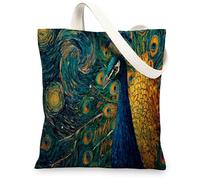 Peacock Canvas Tote Bags, Feather Pattern Reusable Grocery Bags, Colorful Lightweight Washable Shoulder Strap Canvas Bags for Gym Travel Beach Picnic 13x15 Inch