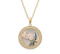 Peacock Cherry Blossoms Fashion Necklace Chain Round Graphic Pendant with Diamond Jewellery Golden-style