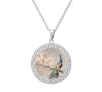 Peacock Cherry Blossoms Fashion Necklace Chain Round Graphic Pendant with Diamond Jewellery Silver-style
