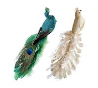 Peacock Christmas Tree Ornament, Artificial Long Tail Feathered Bird, Christmas Decorations Glitter Bird Clip on Ornament for Xmas Halloween Decor (Green+Golden 2pcs)