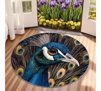 Peacock Circle Rug 90cm - Teal Feather Round Rug Small, Peacock Floor Carpet, Low Pile Washable Round Rugs for Living Room Entryway Kitchen Patio, Animal Home Decor & Gifts